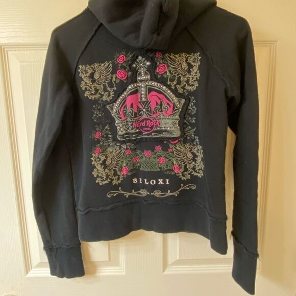 Hard Rock Hotel Biloxi Distressed Black w/ Roses & Crown Hoodie - Picture 5 of 8